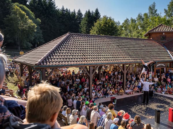 Spectacle en extérieur avec un public et des acrobates.